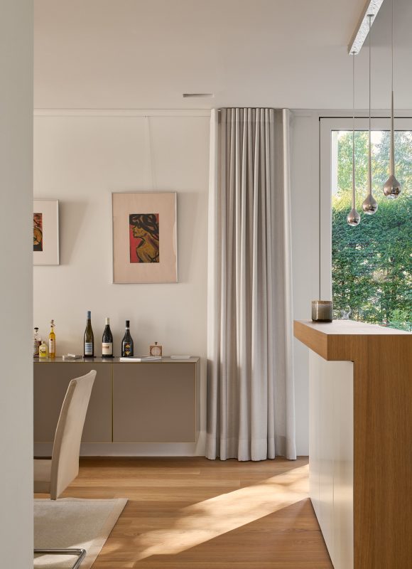 Kitchen detail with island with coffee bar.